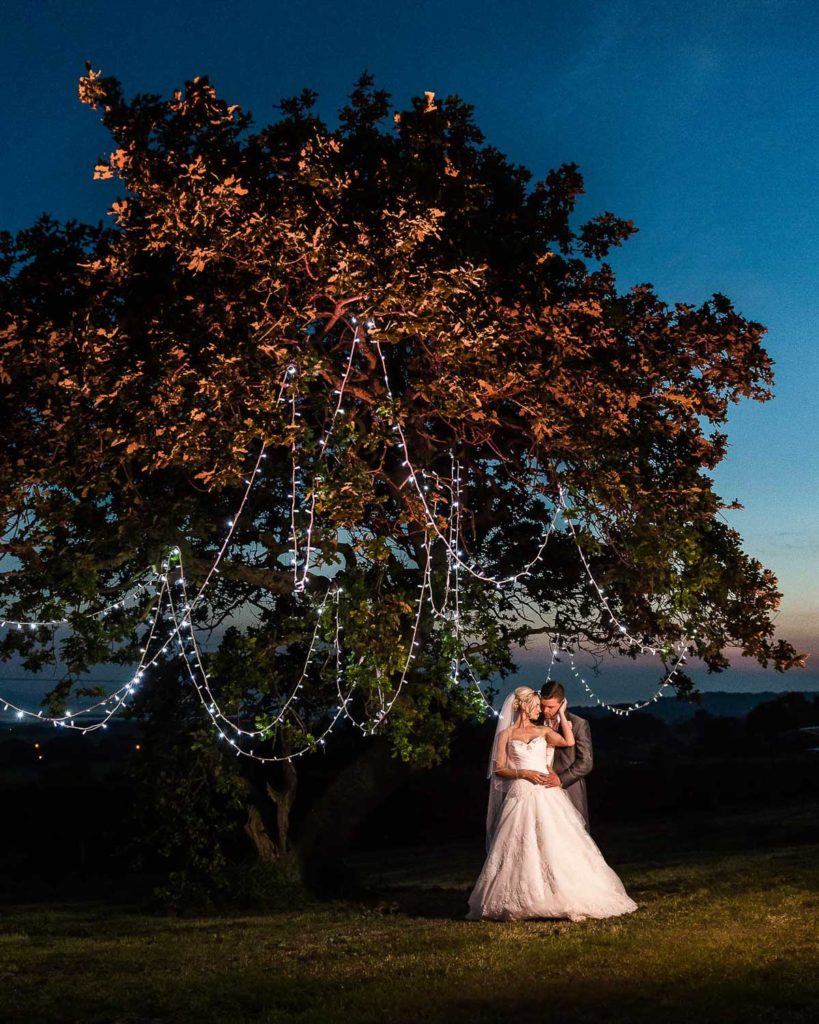 Groom cuddled in behind bride under a tree filled with fairy lights draping between boughs