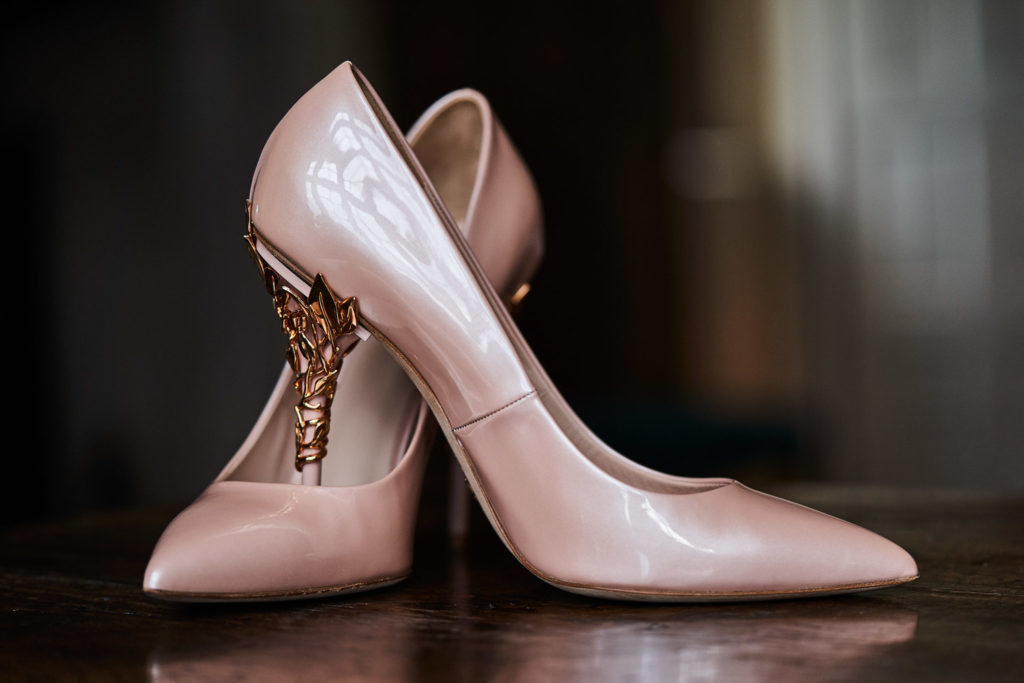 Gorgeous blush pink patent heels with rose gold metal heel decoration