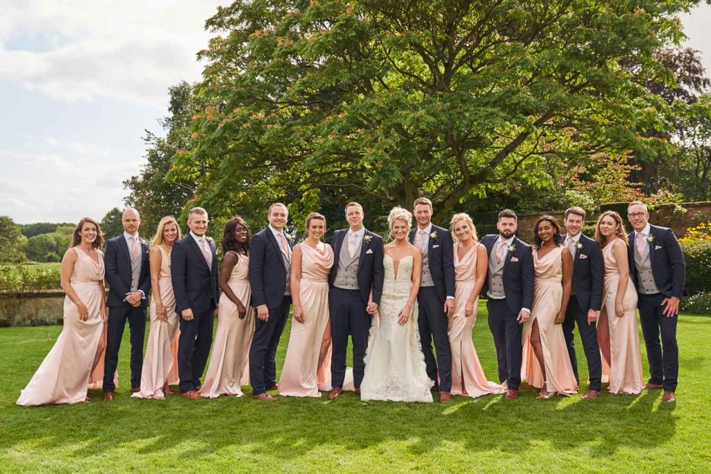 Full bridal party picture with seven of each bridesmaids and groomsmen with large lush green tree in the background