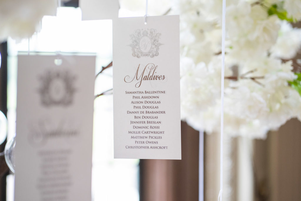 Table plan for wedding breakfast hanging on a white blossom tree in the foyer